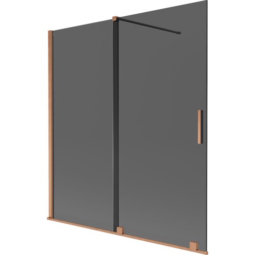 Dwuskrzydłowy parawan nawannowy o wymiarach 150 x 150 cm, wykonany z grafitowego szkła z elementami w kolorze miedzi szczotkowanej. Produkt ma prostą, nowoczesną konstrukcję z pionowym uchwytem i poziomym wspornikiem.