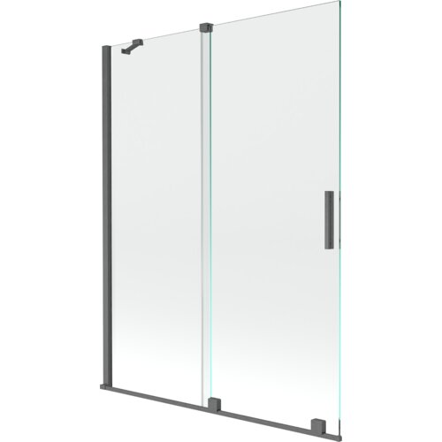 Na zdjęciu widoczny jest dwuskrzydłowy, rozsuwany parawan nawannowy o wymiarach 130 x 150 cm, wykonany z transparentnego szkła z elementami w kolorze gun gray szczotkowanym. Produkt ma prosty, nowoczesny design z metalowymi uchwytami i mocowaniami.