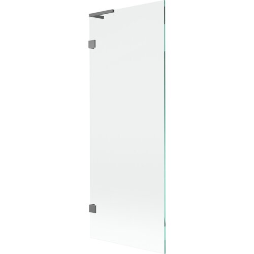 Przezroczysty parawan nawannowy o wymiarach 70 x 150 cm z metalowymi elementami w kolorze gun metal. Produkt jest jednoskrzydłowy, z prostym uchwytem i zawiasami.