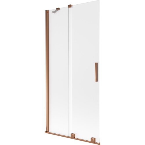 Dwuskrzydłowy, rozsuwany parawan nawannowy o wymiarach 95 x 150 cm, wykonany z matowego szkła w kolorze szronu, z elementami w odcieniu różowego złota. Produkt posiada prostokątną, pionową rączkę oraz metalowe mocowania w tym samym kolorze.