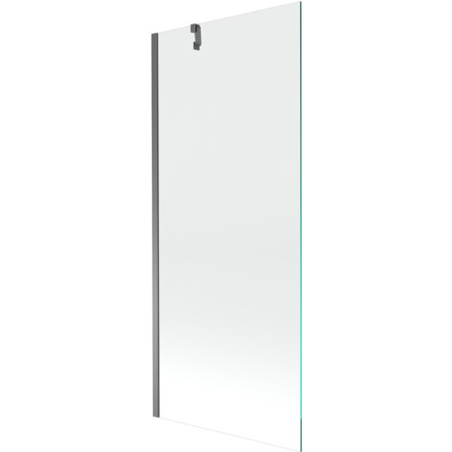 Przedstawiony jest przezroczysty parawan nawannowy o wymiarach 80 x 150 cm z metalowym wykończeniem w kolorze gun metal. Produkt ma prostą konstrukcję z jednym skrzydłem i metalowym uchwytem na górze.