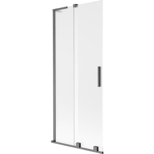 Dwuskrzydłowy, rozsuwany parawan nawannowy o wymiarach 85 x 150 cm, wykonany z matowego szkła z szarymi, szczotkowanymi elementami. Produkt posiada prostokątny uchwyt i metalowe ramy.