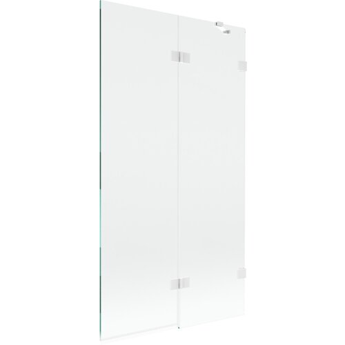 Dwuskrzydłowy, transparentny parawan nawannowy o wymiarach 100 x 150 cm z białymi elementami montażowymi. Produkt ma prosty, nowoczesny design z widocznymi zawiasami.