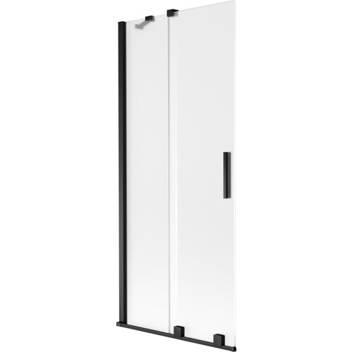Dwuskrzydłowy, rozsuwany parawan nawannowy o wymiarach 85 x 150 cm, wykonany z matowego szkła z czarnymi elementami konstrukcyjnymi. Produkt ma prostokątny uchwyt i czarne mocowania na górze i dole.
