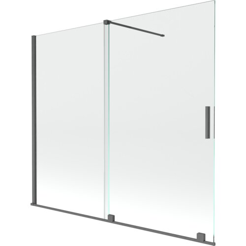 Na zdjęciu widoczny jest dwuskrzydłowy, rozsuwany parawan nawannowy o wymiarach 180 x 150 cm, wykonany z transparentnego szkła z elementami w kolorze gun gray szczotkowanym. Parawan posiada prostokątny uchwyt oraz metalowe profile i wspornik.
