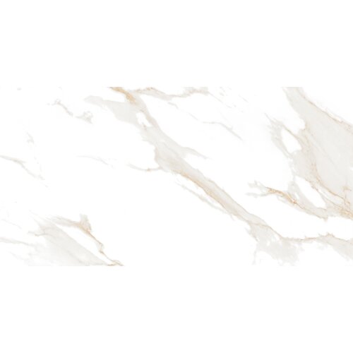 Płytka podłogowo-ścienna o wymiarach 120 x 60 cm z połyskiem, w kolorze białym z delikatnymi, złotymi żyłkami. Produkt to "Mexen Luton Gold gres szkliwiony rekt. G1, TL113-120-060-01".