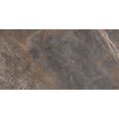 Zdjęcie przedstawia płytkę podłogowo-ścienną o wymiarach 120 x 60 cm z serii Mexen Visby Copper, wykonaną z gresu szkliwionego. Powierzchnia płytki ma ciemny, marmurowy wzór z widocznymi żyłkami w odcieniach brązu i szarości.