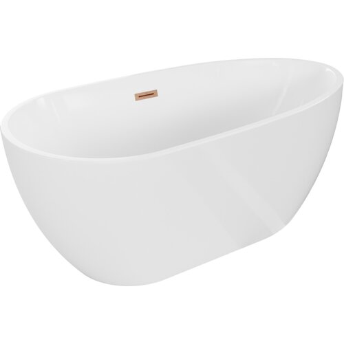 Biała wanna wolnostojąca o opływowym kształcie z widocznym przelewem w kolorze miedzi szczotkowanej. Produkt ma gładką powierzchnię i minimalistyczny design.