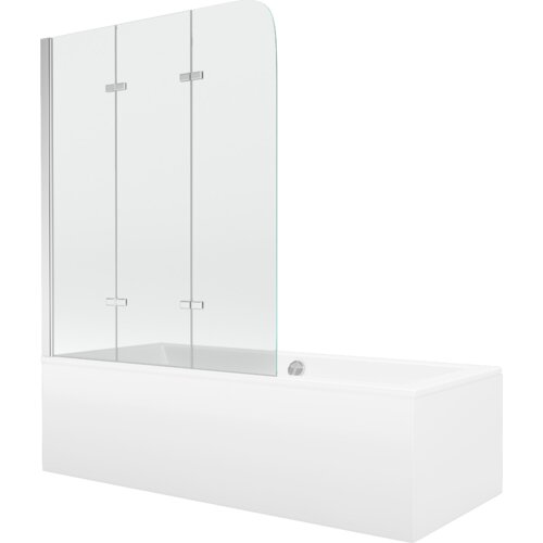 Prostokątna wanna z białą obudową, wyposażona w trzyczęściowy, przezroczysty parawan z chromowanymi zawiasami. Produkt ma minimalistyczny design i gładką powierzchnię.