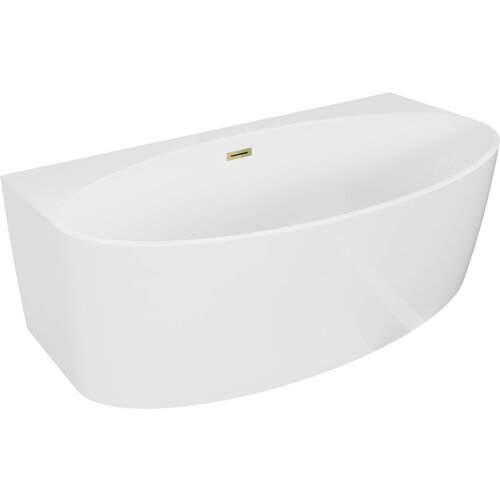 Biała, połyskująca wanna wolnostojąca o zaokrąglonym kształcie z widocznym złotym przelewem. Produkt ma wymiary 170 x 88 cm.