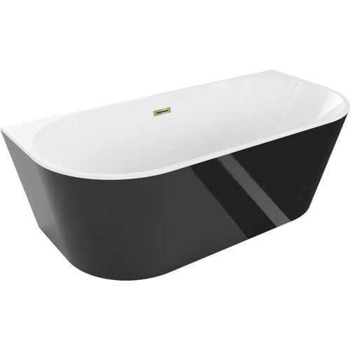 Biała i czarna wanna wolnostojąca o owalnym kształcie z widocznym złotym przelewem. Produkt ma gładką powierzchnię i nowoczesny design.