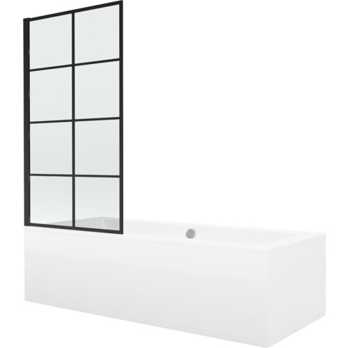 Prostokątna wanna z białą obudową i czarnym, jednoskrzydłowym parawanem z pionowymi i poziomymi podziałami. Produkt to "Mexen Cube wanna prostokątna 170 x 80 cm z obudową i parawanem 1-skrzydłowym 70 cm, czarny wzór fix - 550517080X9307007077".