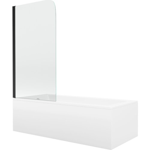 Prostokątna wanna z białą obudową i przezroczystym, jednoskrzydłowym parawanem w czarnej ramie. Produkt ma minimalistyczny design i gładkie powierzchnie.