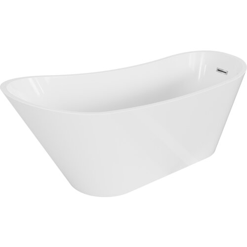 Biała wanna wolnostojąca o opływowym kształcie, z widocznym chromowanym przelewem na jednym z końców. Produkt to "Mexen Alta wanna wolnostojąca 170 x 75 cm, biała, przelew chrom - 52141707500-01".