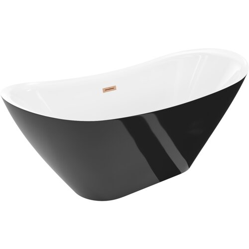 Biała i czarna wanna wolnostojąca o opływowym kształcie, z widocznym miedzianym przelewem. Produkt ma gładką powierzchnię i elegancki design.