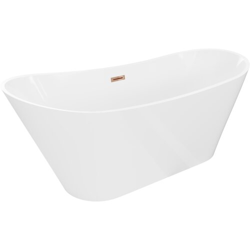 Biała wanna wolnostojąca o opływowym kształcie z widocznym przelewem w kolorze różowego złota. Produkt ma gładką powierzchnię i elegancki design.