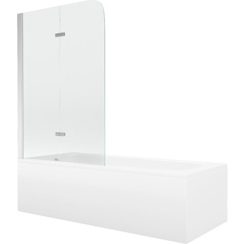 Prostokątna wanna z białą obudową i dwuskrzydłowym, przezroczystym parawanem z chromowanymi zawiasami. Produkt ma minimalistyczny design i gładką powierzchnię.
