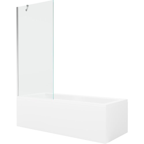 Prostokątna wanna z białą obudową i przezroczystym, jednoskrzydłowym parawanem z chromowanym uchwytem. Produkt ma minimalistyczny design i gładkie wykończenie.