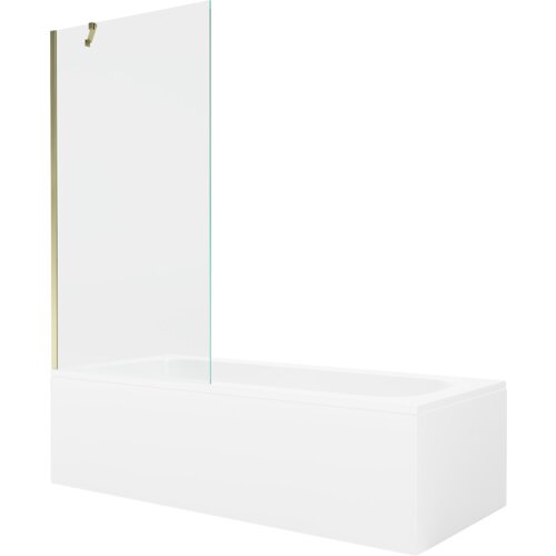 Prostokątna wanna z białą obudową i przezroczystym, jednoskrzydłowym parawanem, który ma złote elementy mocujące. Produkt ma minimalistyczny design i gładką powierzchnię.
