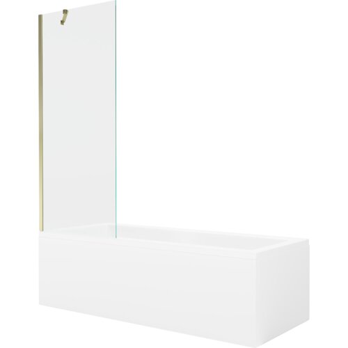 Prostokątna wanna z białą obudową i przezroczystym, jednoskrzydłowym parawanem, który jest zamocowany na złotym uchwycie. Produkt ma minimalistyczny design i gładką powierzchnię.