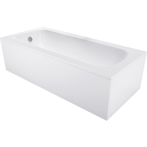 Biała, prostokątna wanna z obudową, o gładkiej powierzchni i zaokrąglonych krawędziach, z widocznym odpływem. Produkt ma minimalistyczny design i jednolitą kolorystykę.
