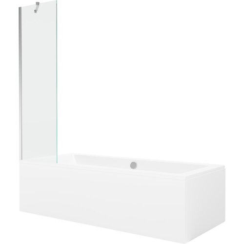 Prostokątna wanna z obudową i przezroczystym, jednoskrzydłowym parawanem, wykonana w kolorze białym z chromowanymi elementami. Produkt ma minimalistyczny design i gładką powierzchnię.