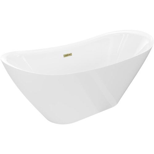 Biała wanna wolnostojąca o opływowym kształcie z widocznym złotym przelewem na wewnętrznej stronie. Produkt ma gładką powierzchnię i elegancki design.