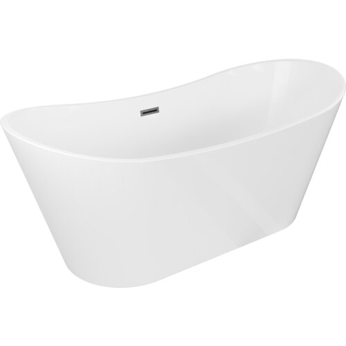 Biała wanna wolnostojąca o opływowym kształcie z widocznym przelewem w kolorze gun metal. Produkt ma gładką powierzchnię i elegancki design.