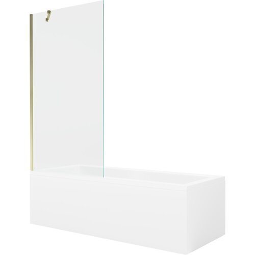 Prostokątna wanna z białą obudową i przezroczystym, jednoskrzydłowym parawanem, który jest zamocowany na złotym uchwycie. Produkt ma wymiary 170 x 70 cm.