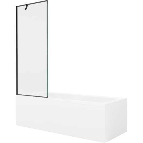 Prostokątna wanna z białą obudową i przezroczystym, jednoskrzydłowym parawanem z czarnymi elementami. Produkt ma minimalistyczny design i nowoczesny wygląd.