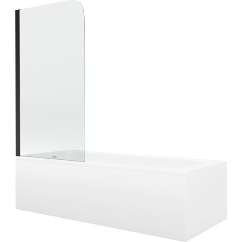 Prostokątna wanna z białą obudową i przezroczystym, jednoskrzydłowym parawanem z czarnym elementem mocującym. Produkt ma minimalistyczny design i gładkie powierzchnie.