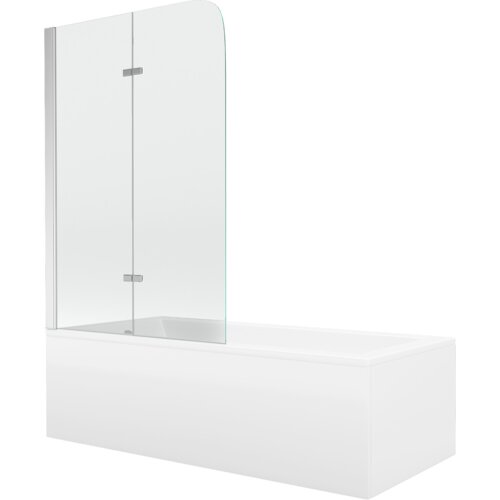Prostokątna wanna z obudową i dwuskrzydłowym, transparentnym parawanem w kolorze chrom. Produkt ma nowoczesny design i gładką, białą powierzchnię.