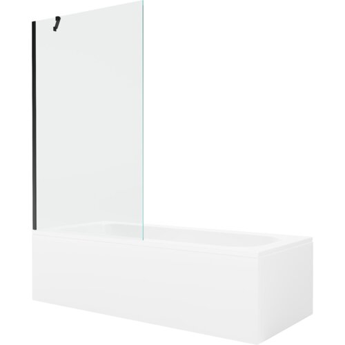 Prostokątna wanna z białą obudową i przezroczystym, jednoskrzydłowym parawanem z czarnym uchwytem. Produkt ma minimalistyczny design i gładkie wykończenie.