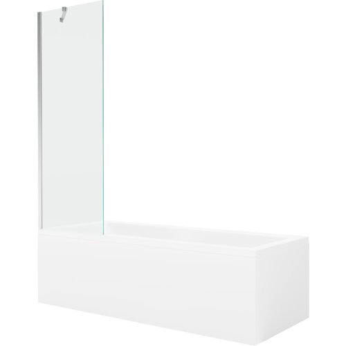 Prostokątna wanna z białą obudową i przezroczystym, jednoskrzydłowym parawanem z chromowanymi elementami. Produkt ma minimalistyczny design i gładką powierzchnię.