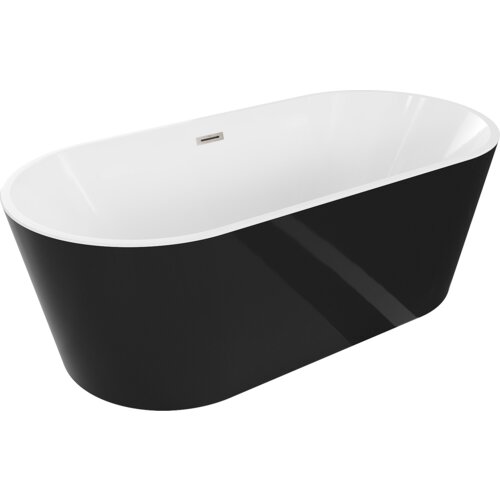 Biała i czarna wanna wolnostojąca o owalnym kształcie z widocznym przelewem w kolorze niklu szczotkowanego. Produkt ma gładką powierzchnię i nowoczesny design.