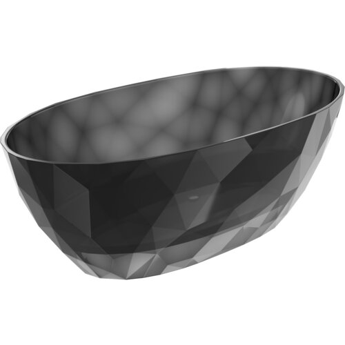 Czarna, wolnostojąca wanna o transparentnym wykończeniu i geometrycznym wzorze na powierzchni. Produkt ma chromowany korek i wymiary 170 x 80 cm.