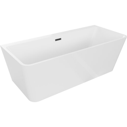 Biała wanna wolnostojąca o prostokątnym kształcie z czarnym przelewem na wewnętrznej ścianie. Produkt ma gładką powierzchnię i minimalistyczny design.