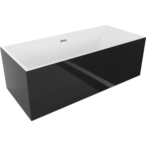 Na zdjęciu znajduje się prostokątna wanna wolnostojąca o białym wnętrzu i czarnych bokach, z przelewem w kolorze różowego złota. Produkt ma nowoczesny design i gładką, błyszczącą powierzchnię.