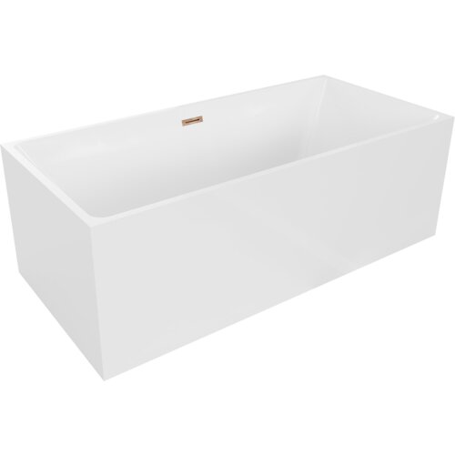 Biała wanna wolnostojąca o prostokątnym kształcie z widocznym przelewem w kolorze różowego złota. Produkt ma gładką powierzchnię i minimalistyczny design.