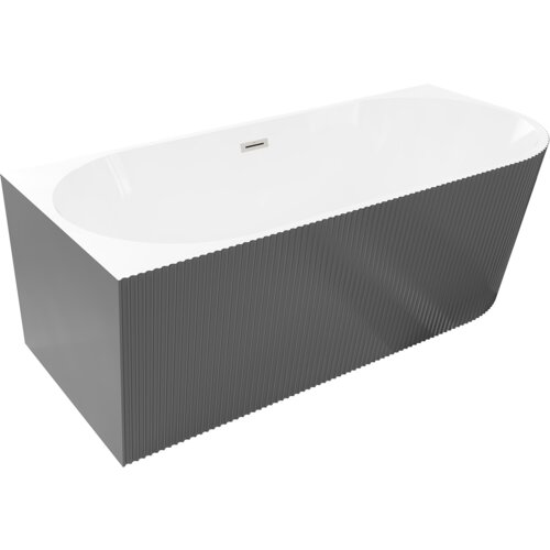Wolnostojąca wanna narożna o wymiarach 150 x 75 cm, z białym wnętrzem i szarą, ryflowaną powierzchnią zewnętrzną, posiada przelew w kolorze niklu szczotkowanego. Produkt oznaczony numerem 52891507562L-97.