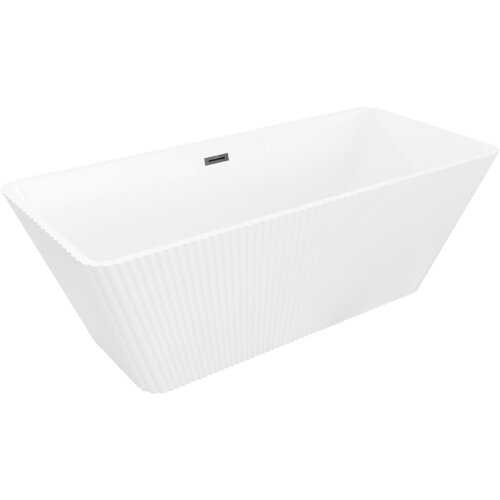 Biała wanna wolnostojąca o ryflowanej powierzchni z czarnym przelewem, o wymiarach 170 x 75 cm. Produkt ma prostokątny kształt z delikatnie zaokrąglonymi krawędziami.