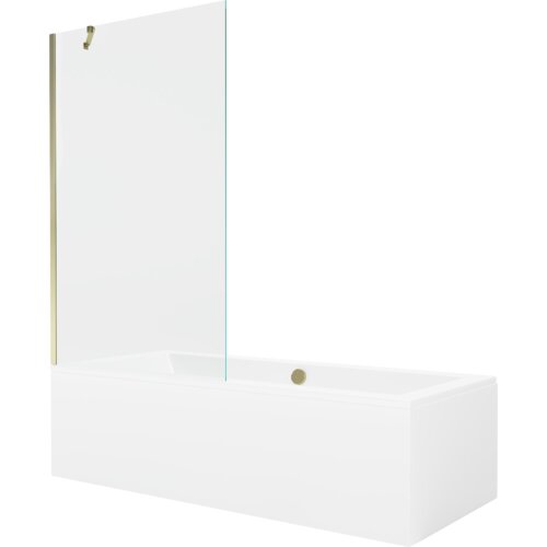 Prostokątna wanna z obudową i przezroczystym, jednoskrzydłowym parawanem, posiada złote elementy wykończenia. Produkt ma minimalistyczny design i jest w kolorze białym.