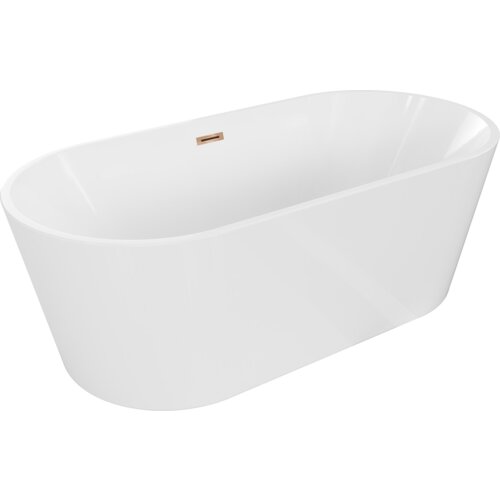 Biała wanna wolnostojąca o owalnym kształcie z widocznym przelewem w kolorze różowego złota. Produkt ma gładką powierzchnię i minimalistyczny design.