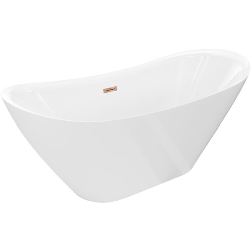 Biała wanna wolnostojąca o opływowym kształcie z widocznym przelewem w kolorze różowego złota. Produkt ma gładką powierzchnię i nowoczesny design.