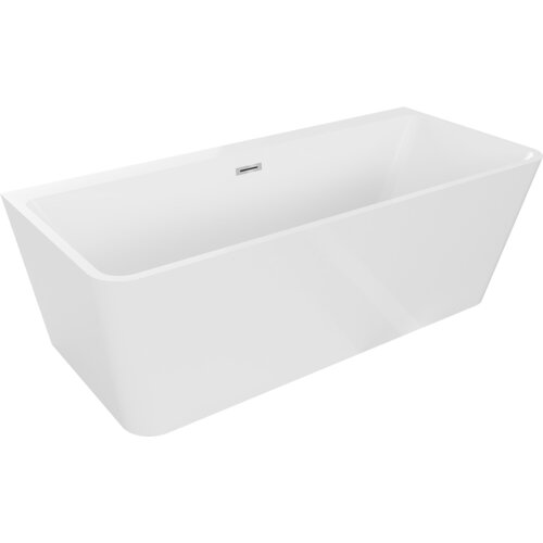 Biała wanna wolnostojąca o prostokątnym kształcie z chromowanym przelewem na jednym z boków. Produkt ma gładką powierzchnię i minimalistyczny design.