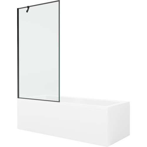 Prostokątna wanna z białą obudową i jednoskrzydłowym, przezroczystym parawanem z czarną ramą. Produkt to "Mexen Cubik wanna prostokątna 160 x 70 cm z obudową i parawanem 1-skrzydłowym 90 cm, czarny wzór - 550316070X9509007070".