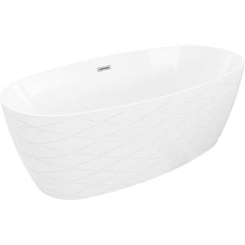 Biała wanna wolnostojąca o wymiarach 170 x 80 cm z delikatnym wzorem na zewnętrznej powierzchni i chromowanym przelewem. Produkt ma gładką, zaokrągloną formę i elegancki design.