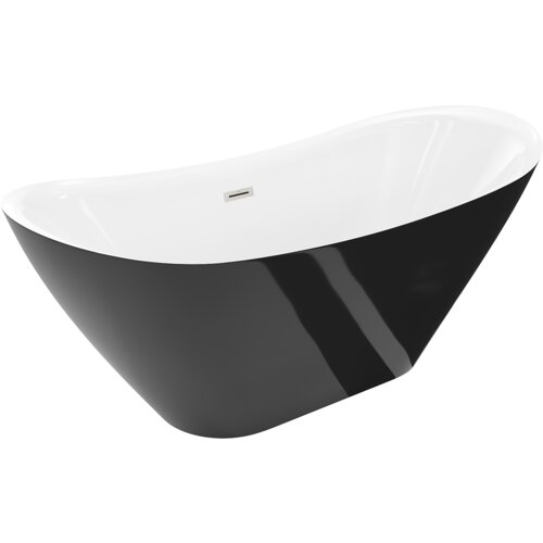 Biała i czarna wanna wolnostojąca o opływowym kształcie, z widocznym przelewem w kolorze niklu szczotkowanego. Produkt ma gładką powierzchnię i elegancki design.