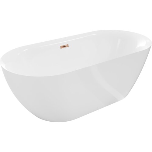 Biała wanna wolnostojąca o opływowym kształcie, z widocznym przelewem w kolorze różowego złota. Produkt ma gładką powierzchnię i minimalistyczny design.