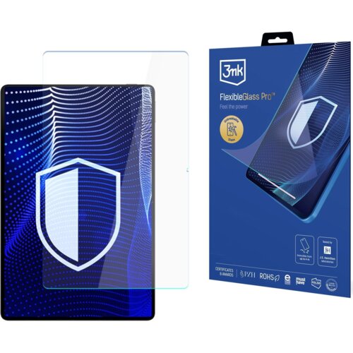 Na zdjęciu widoczne jest opakowanie produktu "3MK FlexibleGlass Pro" z grafiką przedstawiającą telefon z nałożonym szkłem ochronnym oraz samą osłonę. Na opakowaniu znajdują się napisy: "Feel the power", "Unbreakable Hybrid Glass", "Certificates & Awards", "PZH", "ROHS", "must have", "made in POLAND", "tested by J.S. Hamilton".